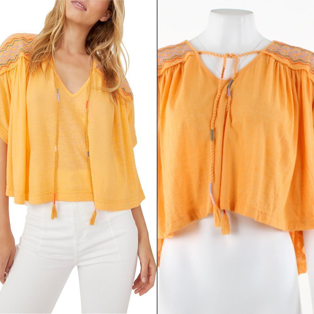 Free People Embroidered Tie-Neck Top in Carrot Ginger